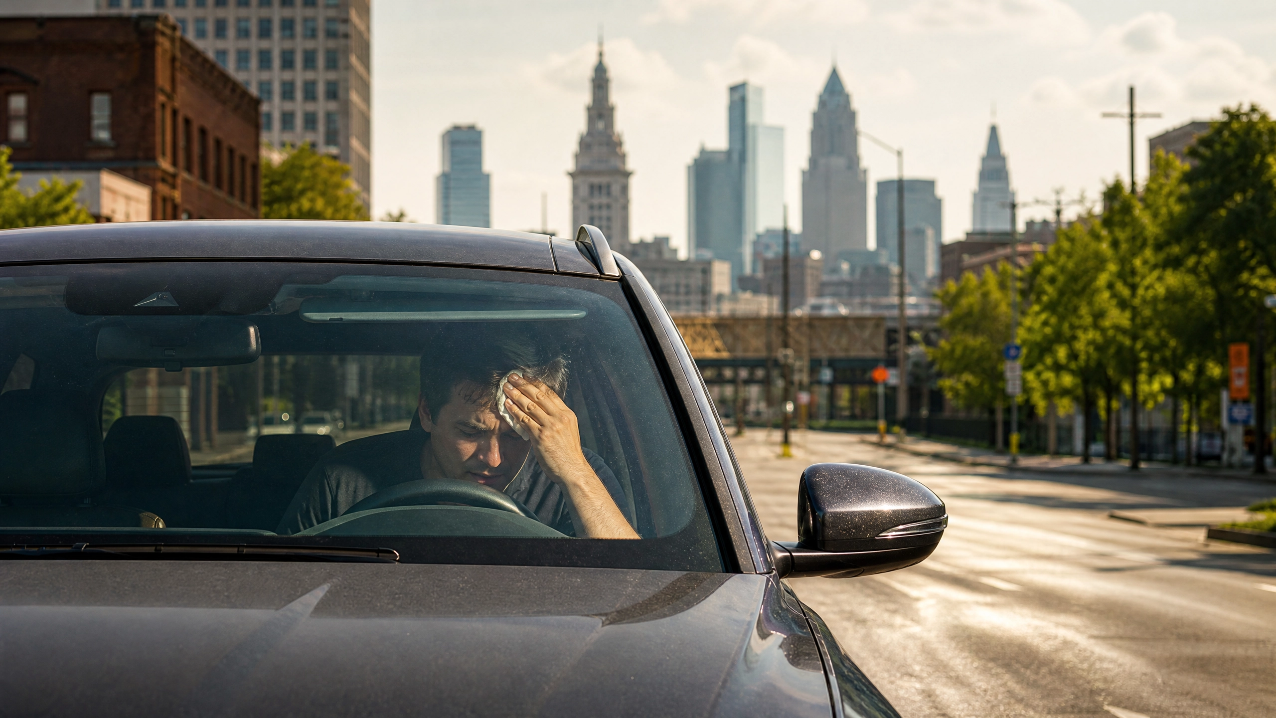 A frustrated man inside a car wipes sweat from his forehead on a hot summer day in Cleveland, with the city skyline and Terminal Tower visible in the hazy background.