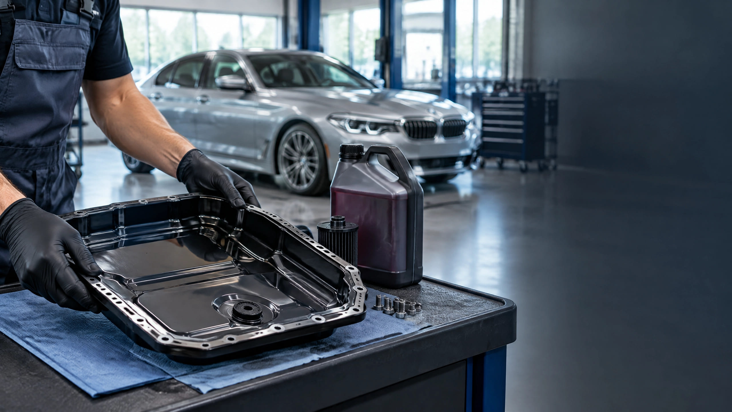 Technician’s gloved hands holding a transmission pan beside fluid and filter components, with a BMW sedan in the repair shop background.