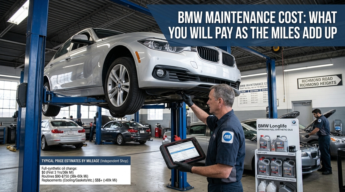 Technician working on a silver BMW on a hydraulic lift, referencing a list of estimated services and BMW maintenance cost breakdowns by mileage.