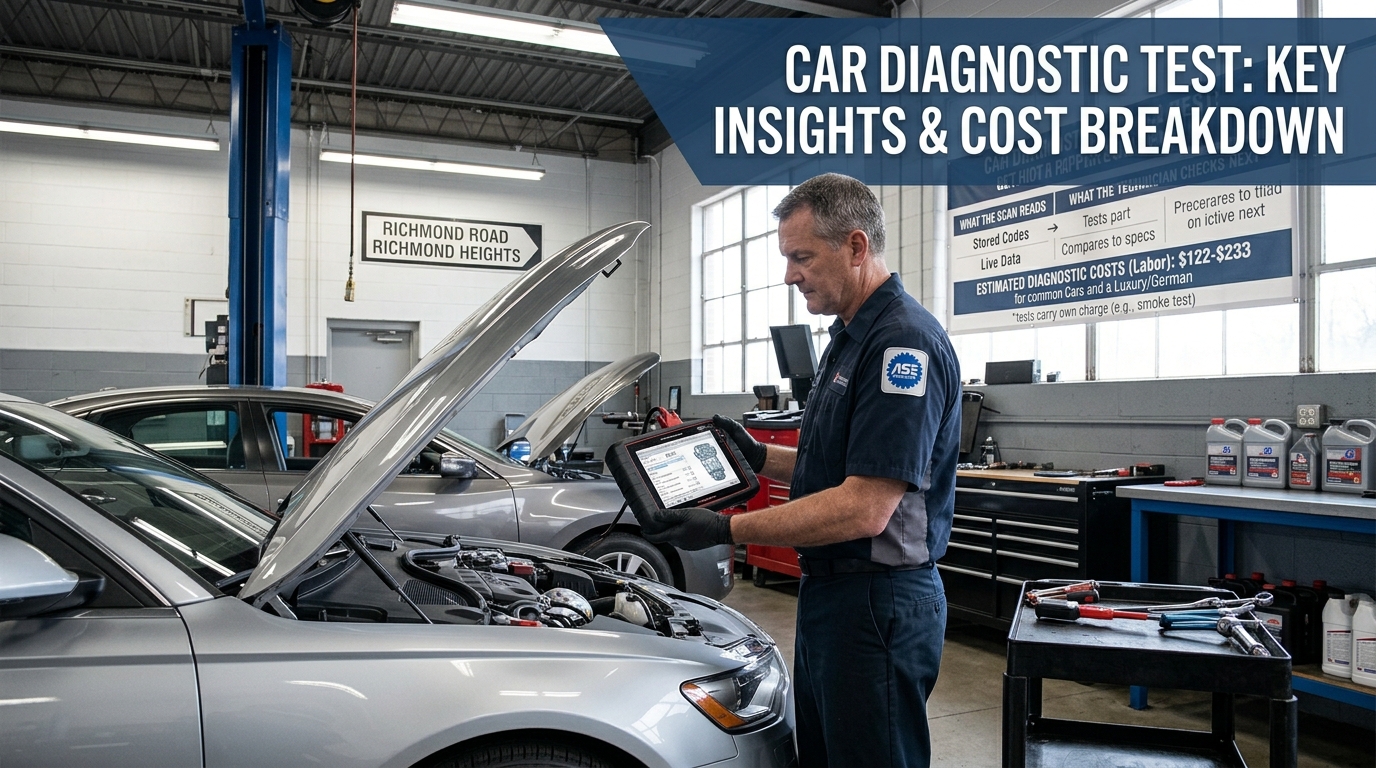 An ASE-certified technician conducting a car diagnostic test on a vehicle at a professional service center to identify trouble codes and repair insights.