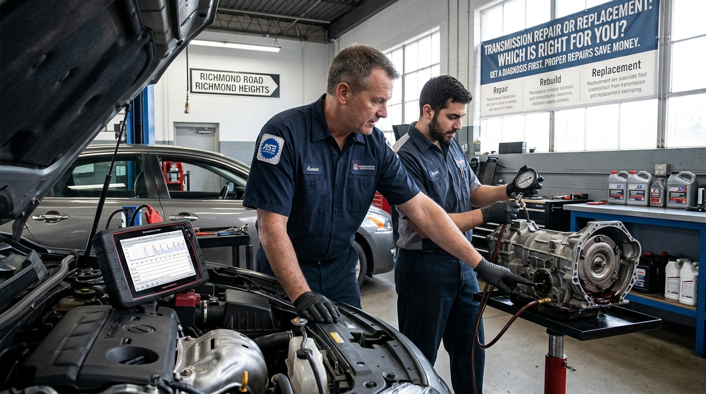 Two ASE-certified mechanics in a Richmond Heights, Done Right Automotive auto shop perform a diagnostic check on a car and a standalone unit to determine if the vehicle needs transmission repair or replacement.
